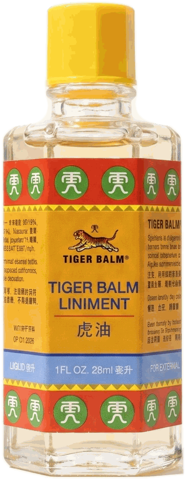 Tiger Balm Liniment, presentat individualment sobre un fons clar